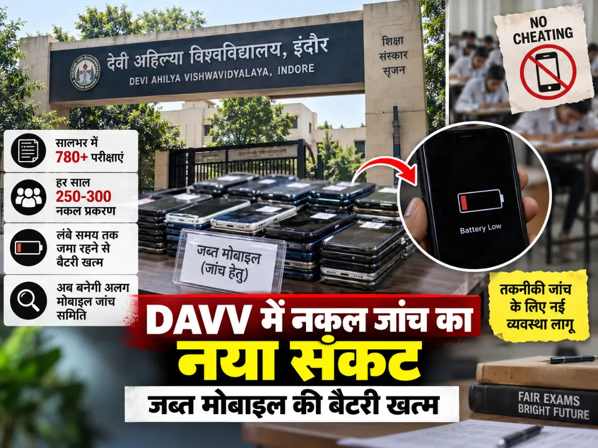 DAVV में नकल जांच का नया संकट, जब्त मोबाइल की बैटरी खत्म
