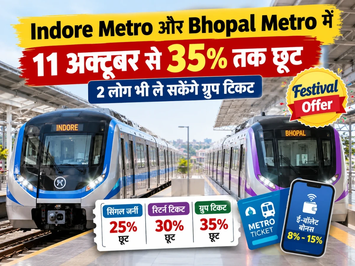 Indore Metro: भोपाल-इंदौर मेट्रो में 11 अक्टूबर से 35% तक छूट, 2 लोग भी ले सकेंगे ग्रुप टिकट