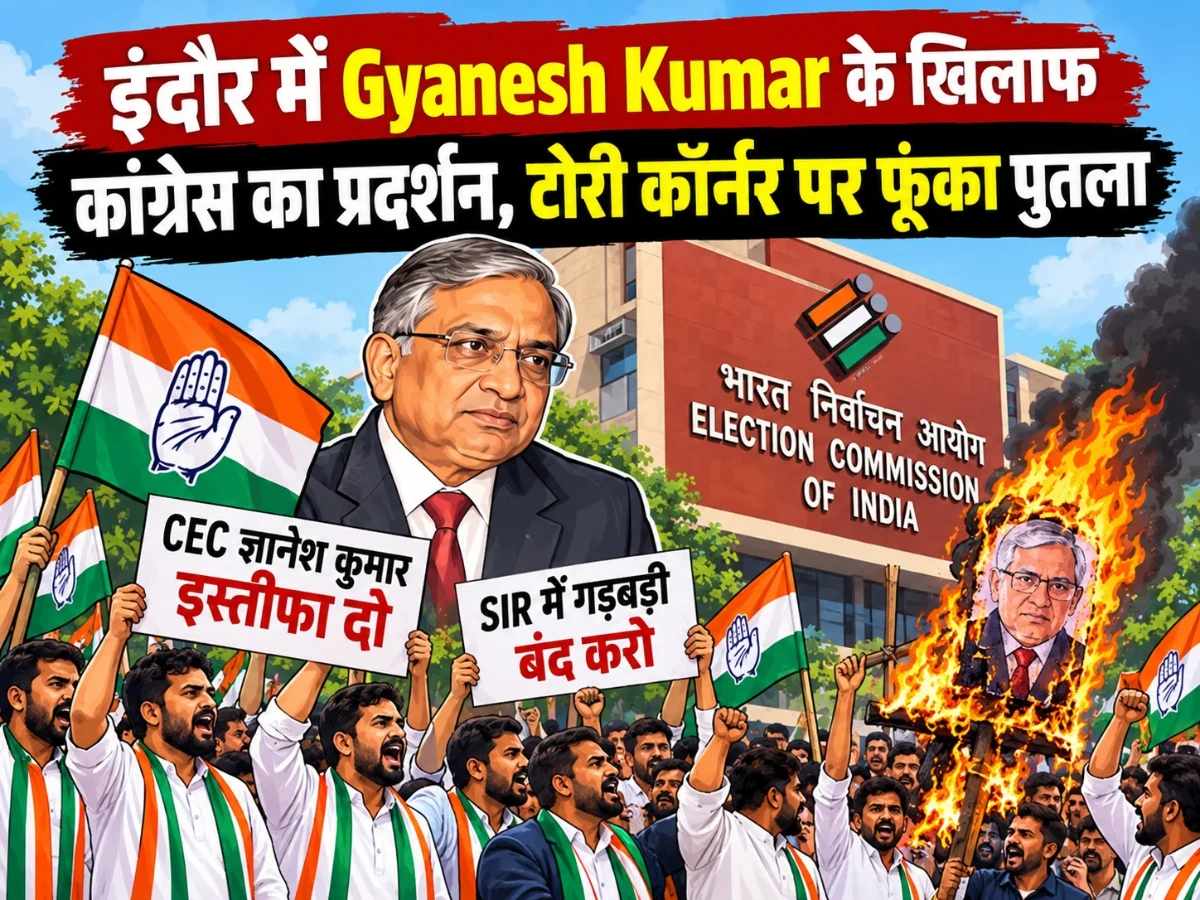 इंदौर में Gyanesh Kumar के खिलाफ कांग्रेस का प्रदर्शन, टोरी कॉर्नर पर फूंका पुतला