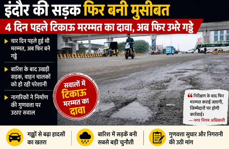 इंदौर की सड़क पर फिर गड्ढे: 4 दिन पहले हुआ था टिकाऊ मरम्मत का दावा, अब उठे सवाल