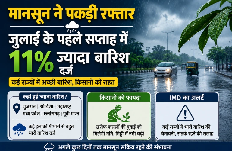 मानसून ने पकड़ी रफ्तार, जुलाई के पहले सप्ताह में 11% ज्यादा बारिश