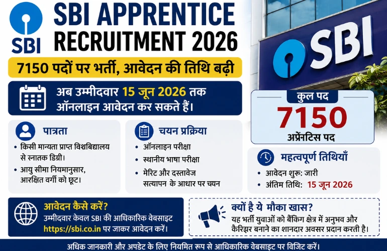 सुनहरा मौका: SBI Apprentice Recruitment 2026 में 7150 पदों पर भर्ती, आवेदन की तारीख बढ़ी